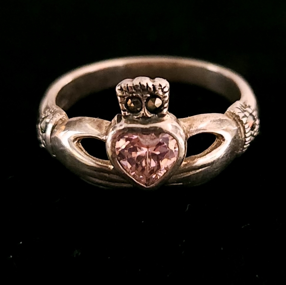 Irish Celtic Claddagh Sterling Pink Heart Ring